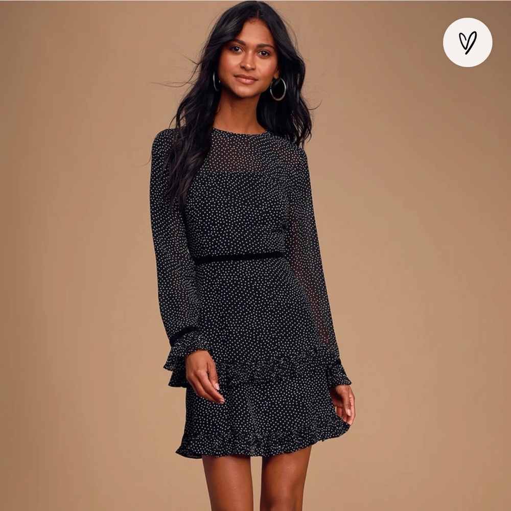Lulu’s Size L Black Polka Dot Long Sleeve Mini Dress